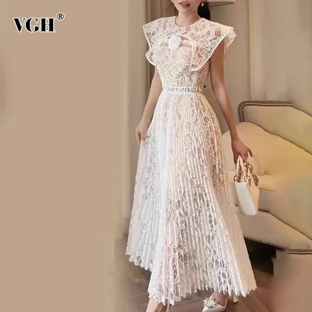 

VGH Solid Atchwork Appliques Slimming Dress For Women Round Neck Sleeveless High Waist Spliced Lace Long Dresses Female Fashion