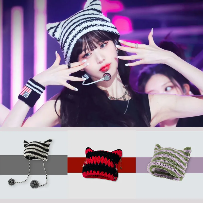 

New Japanese Streetwear Harajuku Y2K Kpop Beanie Little Devil Striped Knitted Hat Women Girls Autumn Winter Cute Cat Ears Cap