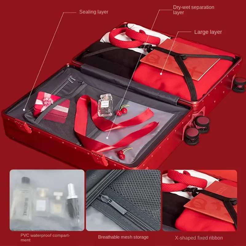 Red Wedding Suitcase with Cup Holder Wet & Dry Separation Aluminum Frame Trolley Case 20