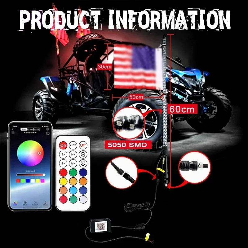 3FT Led Whip Light Led Car Led Light RGB Waterproof Bendable Remote APP Music Control LED Flagpole Lamp for SUV ATV UTV RZR
