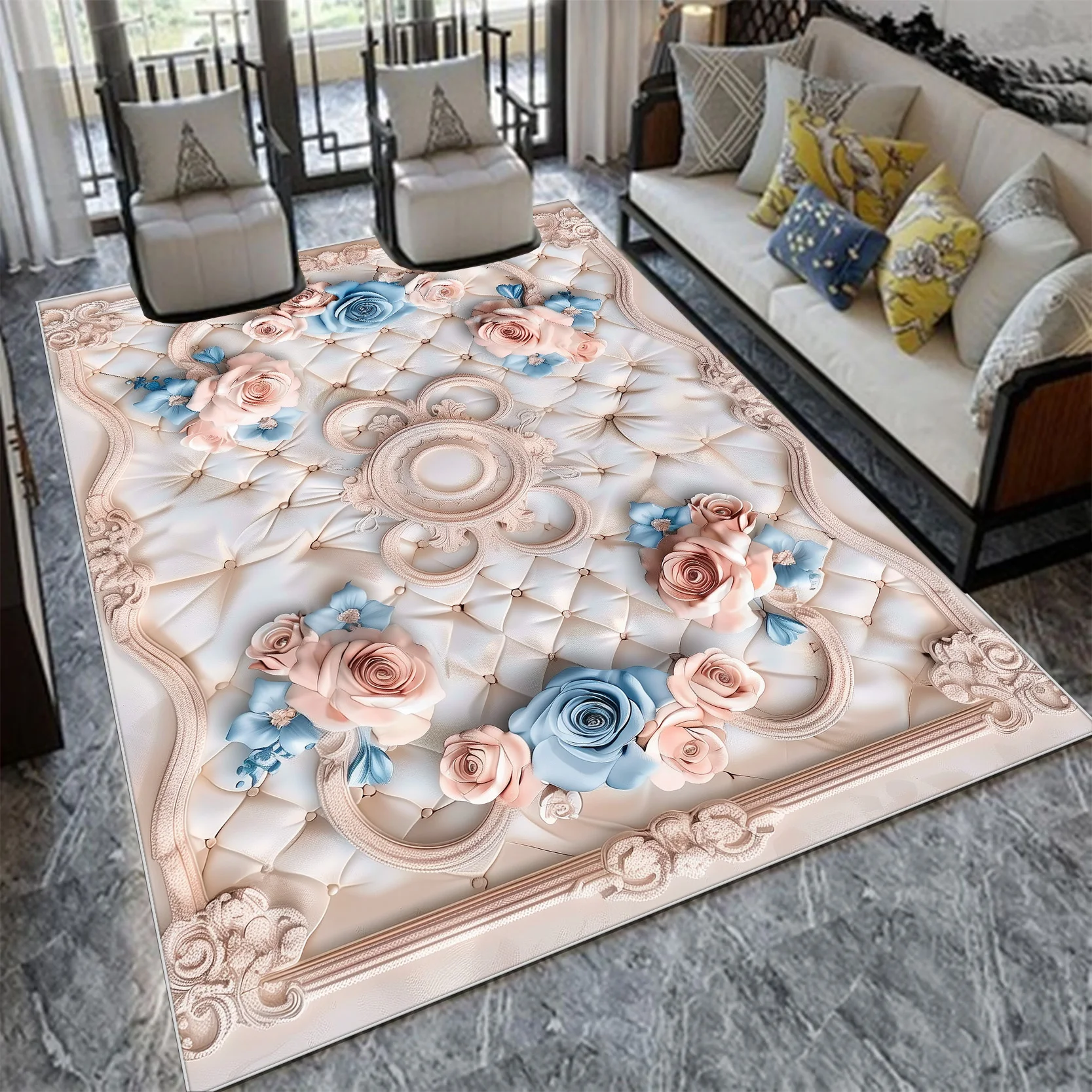European Light Luxury Carpet Living Room Large Size Flower Pattern Home Bedroom Decor Rugs Washable Lounge Non-slip Floor Mats 2