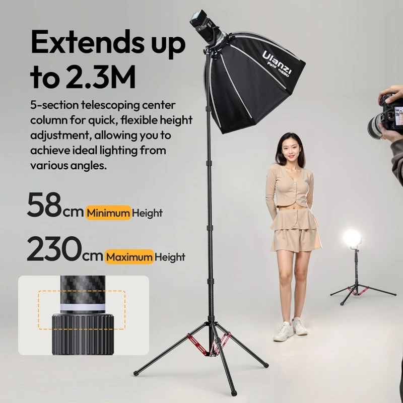 Ulanzi T230 Reversible Leg Light Stand 2.3M 5KG Load Tripod for COB Light Ring Light Fill Light Camera Softbox Outdoor Shooting
