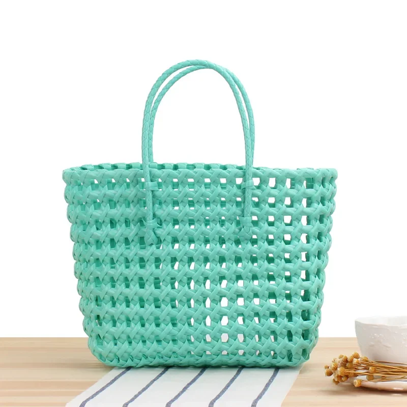 Women's Shopping Basket PVC Woven Hand Bag Carrying Colorful Waterproof Beach Bag Plastic Storage Basket Daily Necessities Bags