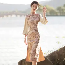 

Cheongsam Dress Women Plus Size 2022Spring Fashion Deerskin Velvet Prints Splicing Traditional Chinese Style Qipao Dresses Woman