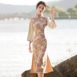 Robe Cheongsam pour femmes, grande taille, mode printemps 2022, peau de cerf, imprimés velours, épissure, Style chinois traditionnel, robes Qipao pour femmes 