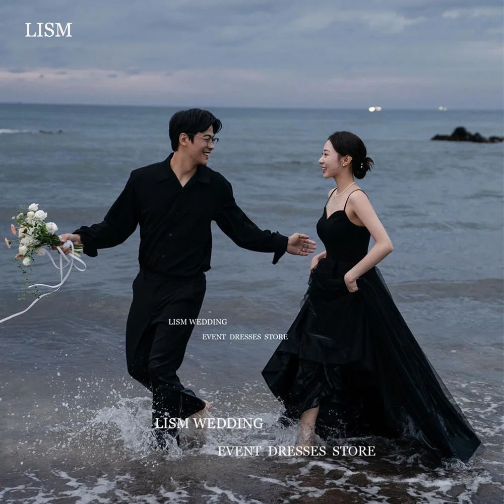 LISM Unique Black Wedding Dresses Spaghetti Strap Sweetheart A Line Bridal Gowns For Korean Women Formal