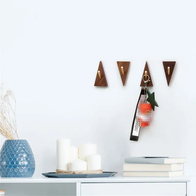 Description Picture 5 of itemTriangle Shape Brass Solid Wood Hooks Multi-Purpose Key Holder Decoration Wall Coat Rack Door Clothes Storage Home Organizer
