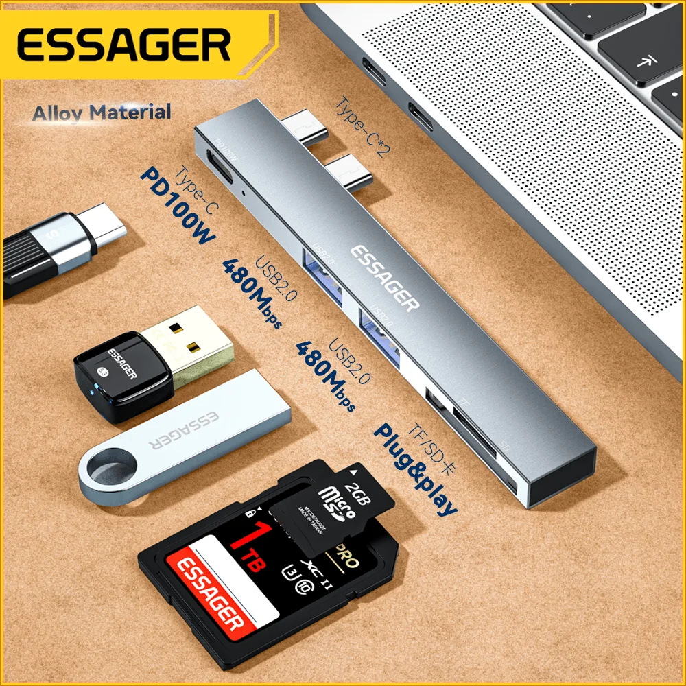 Essager USB C 허브 to C타입 USB 어댑터, SD TF 리더 슬롯 포함, 맥북 프로 에어 2018 - 2022 다기능 확장기, 5 인 1