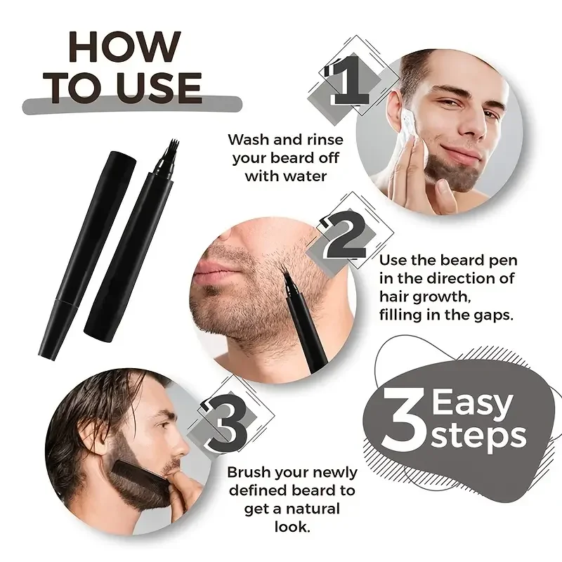 Pencil Filler For Men Black Brown 4-Tip Beard Pen Waterproof & Long Lasting Natural Makeup Detailing Filler Moustache & Eyebrows