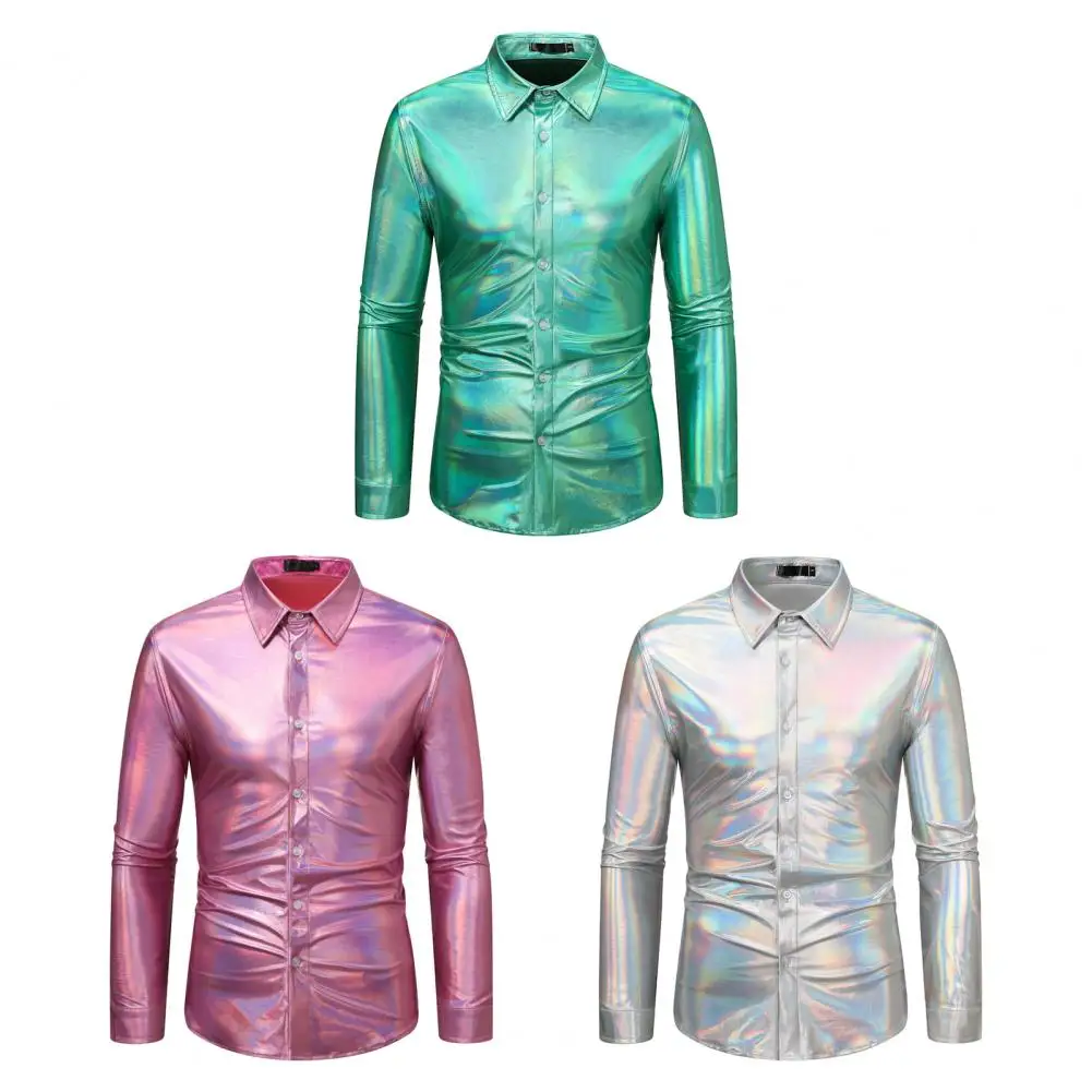 Lapel Long Sleeve Shirt Sequin Disco Shirt for Men Shiny Golden Long Sleeve Party Costume with Lapel Button Down for Christmas dress shirts men casual shirts