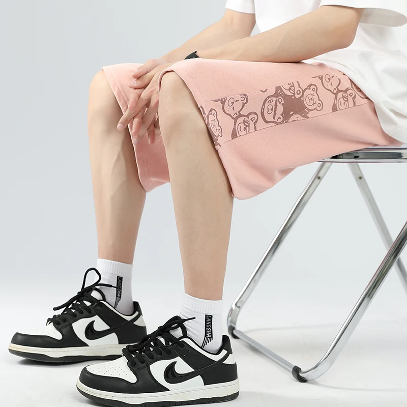 2024 New Summer Men Side Edge Patchwork Little Bear Printing Shorts Solid Color Loose Popularity Elastic Waist Casual Pants