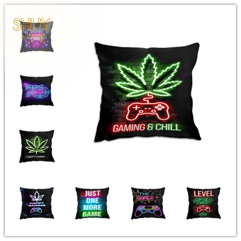 

Neon Game Metal Tin Signs Pillowcase Living Room Sofa Creative Cushion Cover Children's Bedroom Decor Home Throw Pillow Cases