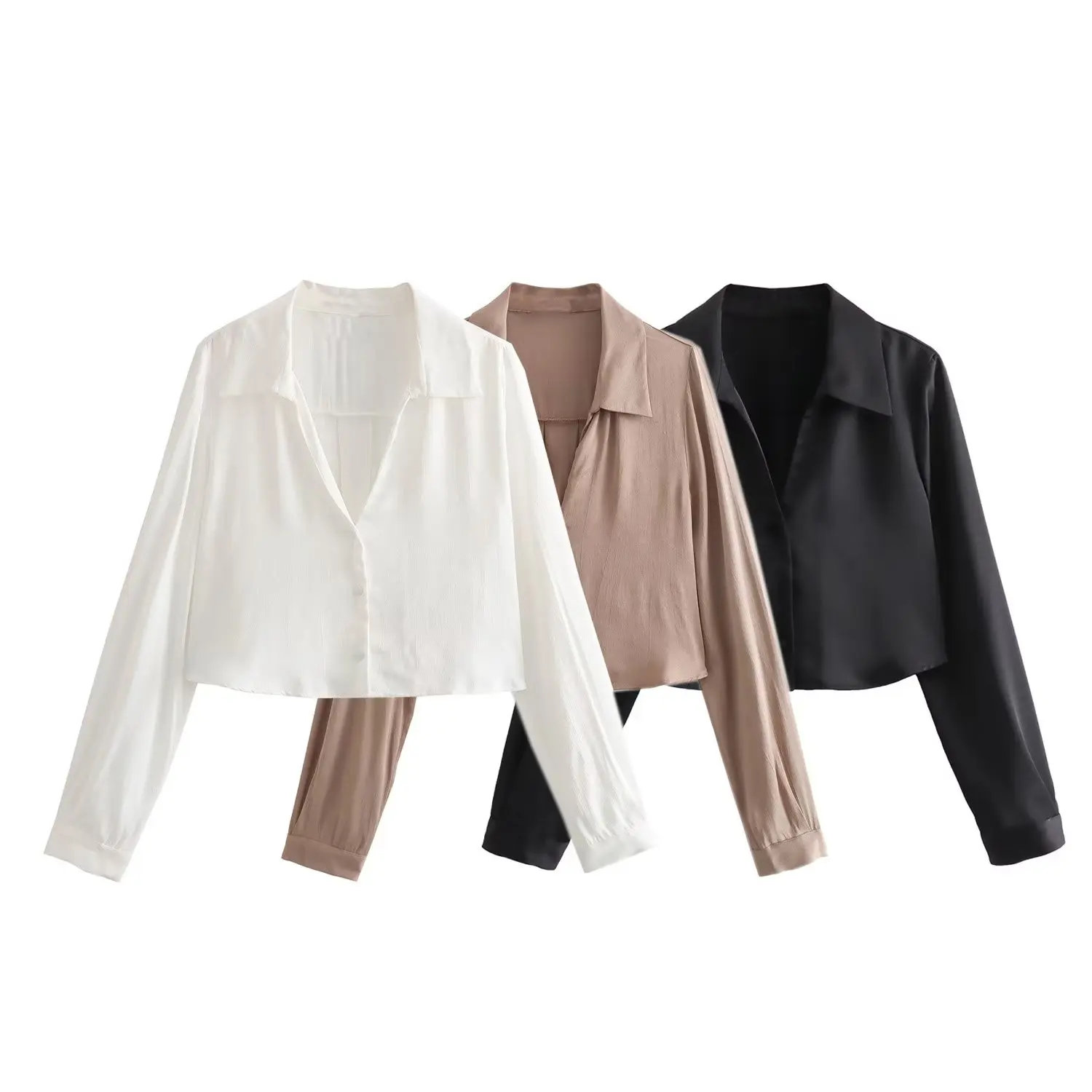 

Women New Fashion Satin texture Cropped lapel Slim Blouses Vintage Long Sleeve Button-up Female Shirts Chic Tops