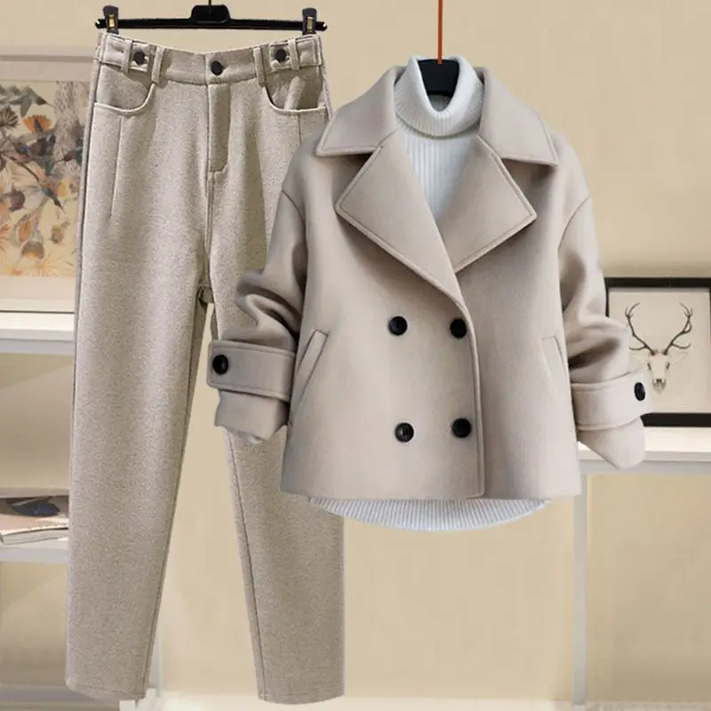 Autumn and Winter Temperament Women's High Neck Bottom Sweater Suit Windbreaker Coat Slim Fit Woolen Pants Three Piece Set Pants