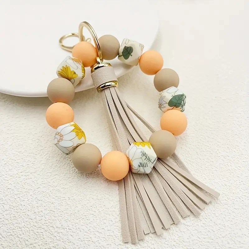 Coufce Pulsera De Llavero De Borla De Cuero PU Con Cuentas De Silicona Para Llaves De Coche De Casa, Azul