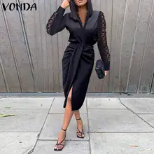 

VONDA Women Fashion Dress Female V Neck Lace Patchwork Long Sleeve Party Vestidos Femme Hip Midi Office Sundress Robe Oversized