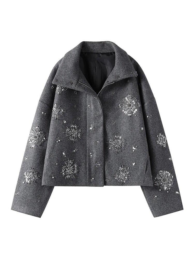 Beading Luxurious Chic Coat Women Loose Single Breasted Stand Collar Pocket Woolen Outwear 2024 Winter Snowflake Sequins Jackets 3