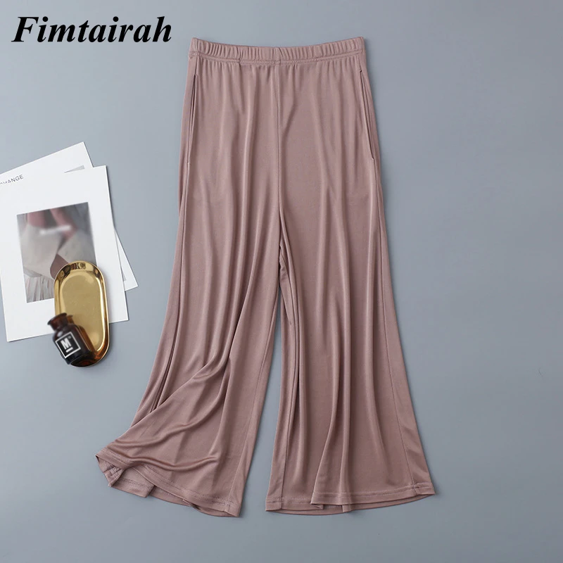 Fimtairah 여성용 실크 니트 와이드 레그 바지, 뽕나무 실크 탄성 허리, 편안한 여름 캐주얼 겉옷 바지, 6A