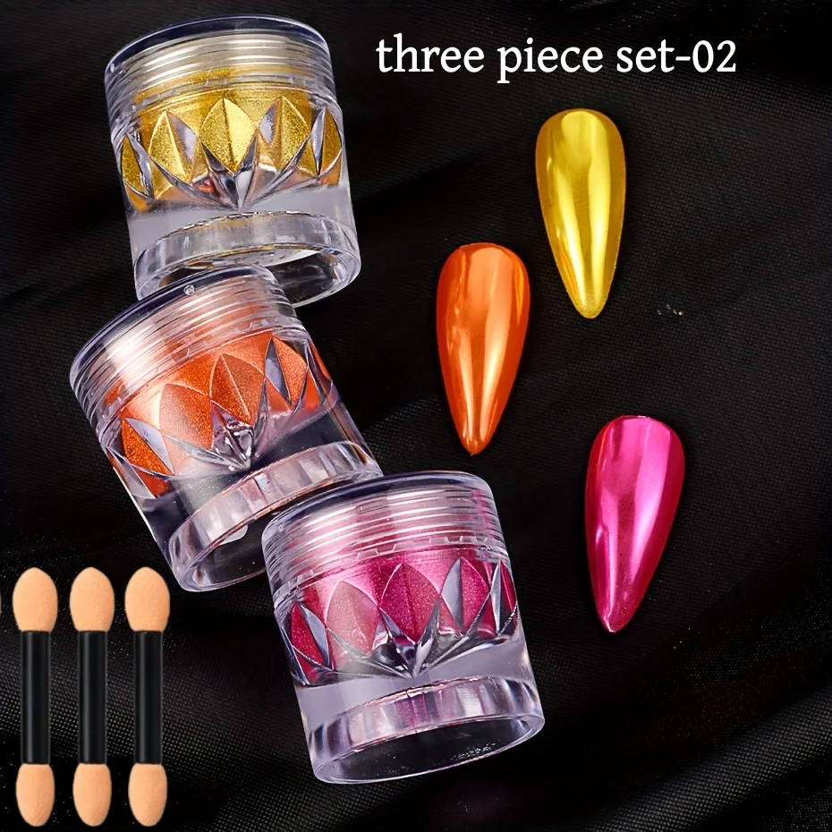 3-teiliges Nagelglitzerpulver-Set, holografischer Gold-Silber-Chrom-Staub mit Aurora-Spiegeleffekt, DIY-Nagelkunst-Dekoration – Detail 1