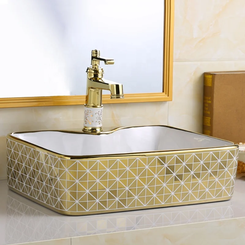 

Round Golden Luxury Ceramic Sanitary Wares Table Counter Top Washbasin Bathroom Sink Gold Face Hand Wash Basin