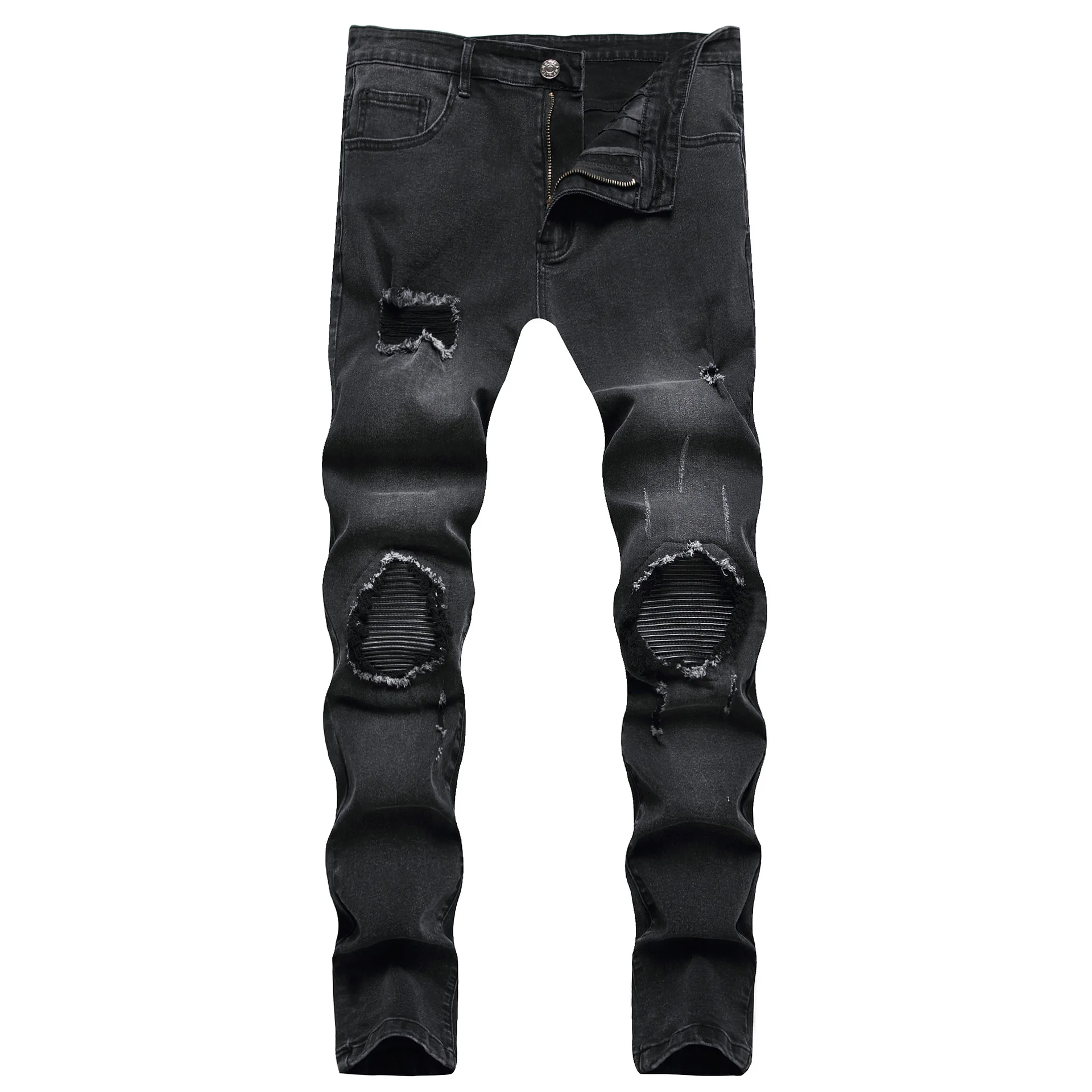 

Men's 2023 new slim stretch small foot jeans European and American high street ripped patch trousers