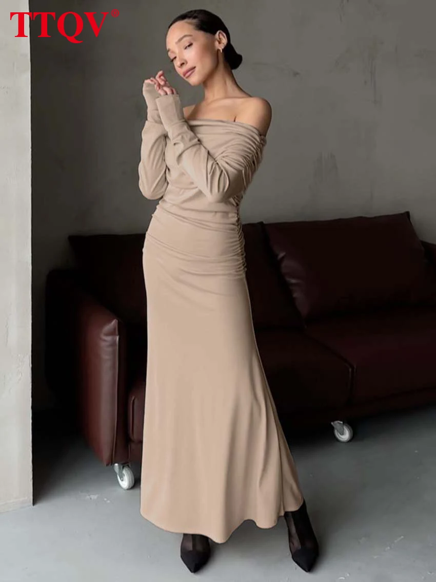 

TTQV Elegant Strapless Khaki Women'S Dress Fashion Slim Long Sleeve Solid Female Dresses Autumn Straight Ankle-Length Dresses