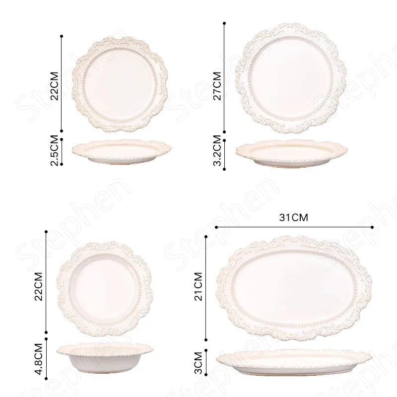 Plastic Dinner Plates French Baroque Vintage Relief Dinner Plate Nordic Vintage Solid Color Carving Craft Dishes and Plates Sets Household Kitchenware