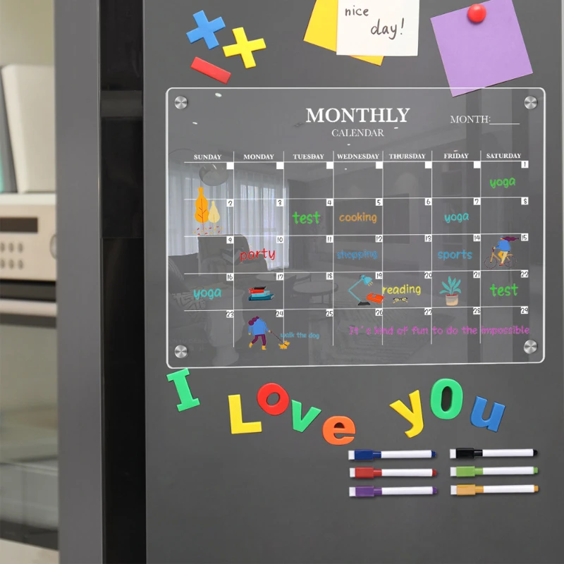 Acrylic Calendar for Fridge, Monthly Clear Acrylic Magnetic Dry Erase Board for Refrigerator, Includes 6 Liquid Chalk Markers