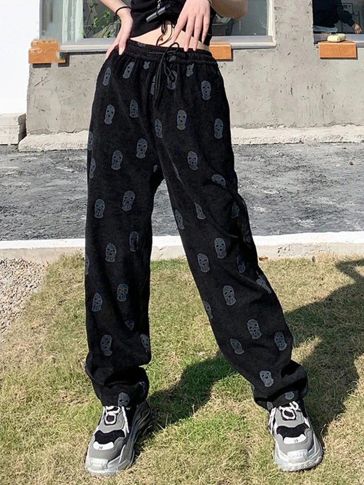 plaid pants JMPRS Corduroy Pants Women Spring Thin Trousers Fashion Skull Print Elastic Wasit Black Pink Summer Loose Female Pants New ladies cropped trousers Pants & Capris