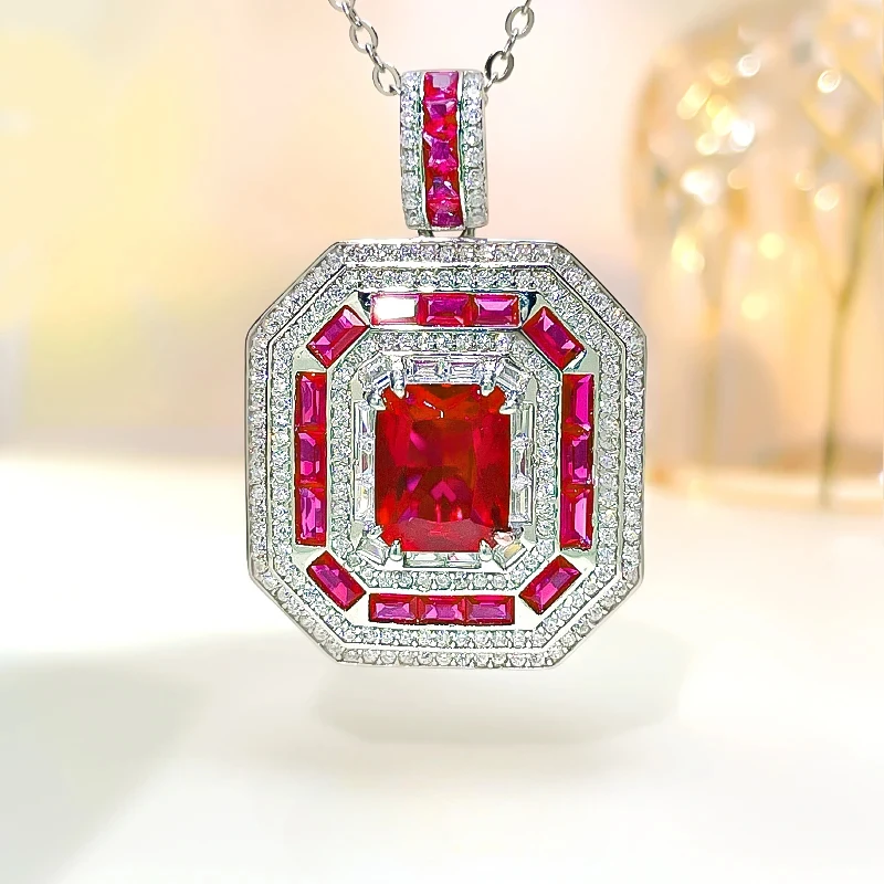 

Rectangular Fashion Retro Style Colored Treasure 925 Sterling Silver Pendant with High Carbon Diamond Wedding Jewelry