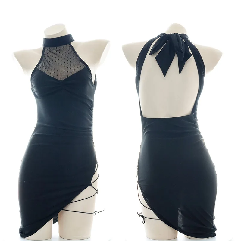 

Черная обтягивающая Ночная рубашка Униформа для женщин сексуальный костюм для танцев с лямкой на шее с открытой спиной официальный костюм женская пижама для косплея