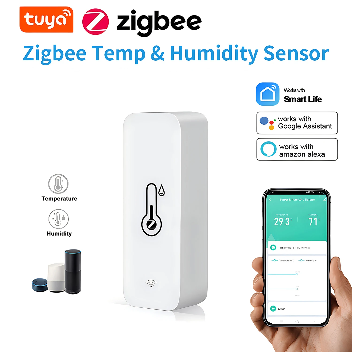 

Датчик температуры и влажности Tuya Smart ZigBee для умного дома/умного дома, дистанционное управление через приложение, работает с Alexa Google Assistant