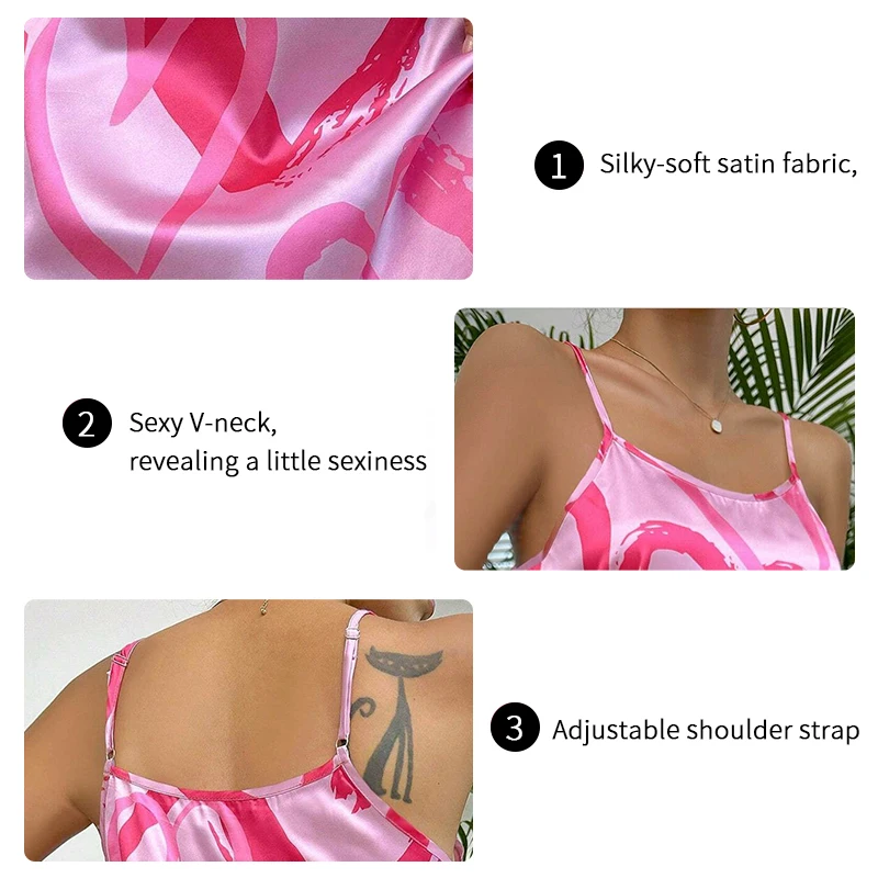Heart Shaped Pattern Print Satin Nightgowns Casual Spaghetti Strap Night Dress Women's Sleepwear Loungewear Sexy Cami Nightdress