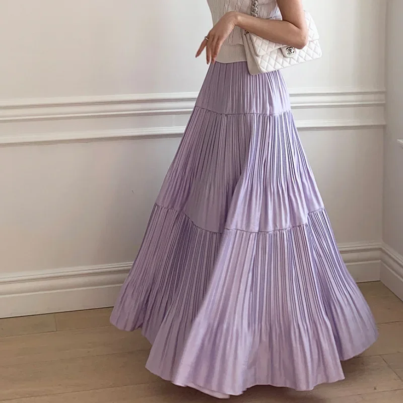 96cm Maxi Pleated Skirt for Women 2023 Spring Summer Elegant Solid Big Hem A Line High Waist Long Skirt Female Purple sleeveless pleated maxi boho dress summer elegant vintage print lady beach party dress women sexy halter o neck long dress 2023