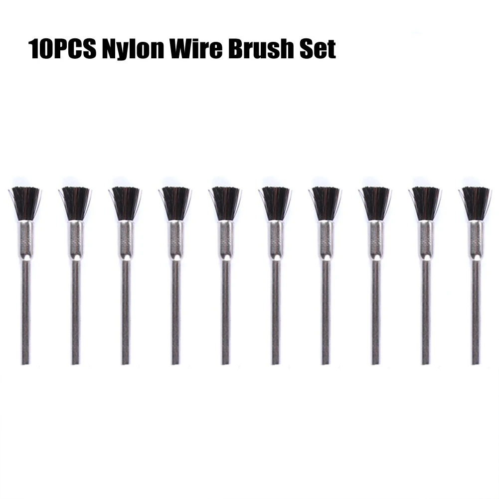 10pcs Nylon Wire Brush Kit 3mm Shank Abrasive Polishing Tool Bit Polishing For Wood 52mm Length 5mm Head Diameter Wire Brushes