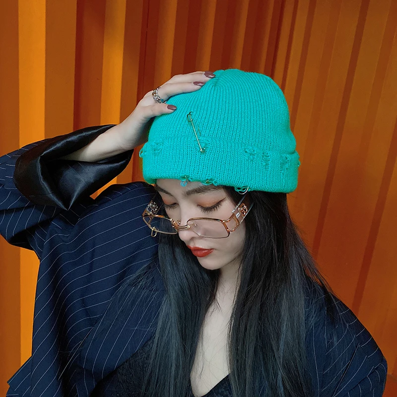 1pc Winter Harajuku Y2k Stil Gestrickte Mützen Hüte für Frauen, Outdoor-Mode Warme Dicke Bördeln Metall Ring Kurze Hut Fleece kappe – Detail 6