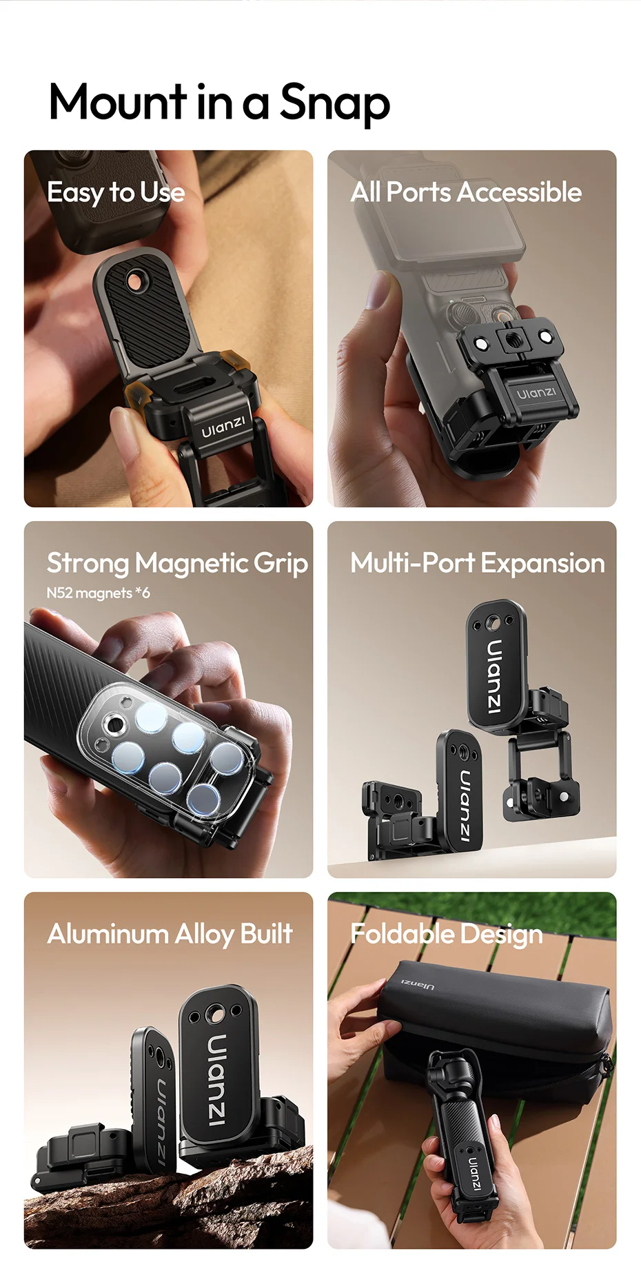 Magnetic Base for Pocket 3 Magnetic Grip Adapter 1/4'' Action Gopro Ports for O