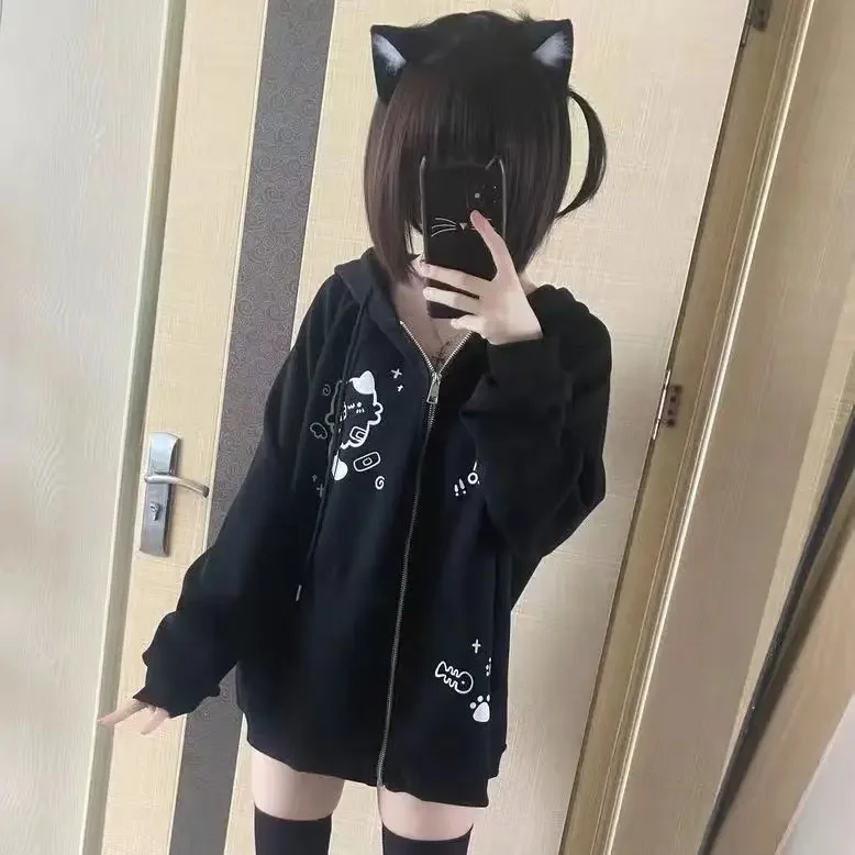 Spring Autumn Jackets Sweatshirt Cute Cats Print Zip Up Hoodie Women Streetwear Y2k Tops Cartoon Japanese Coat Grunge Black Gray