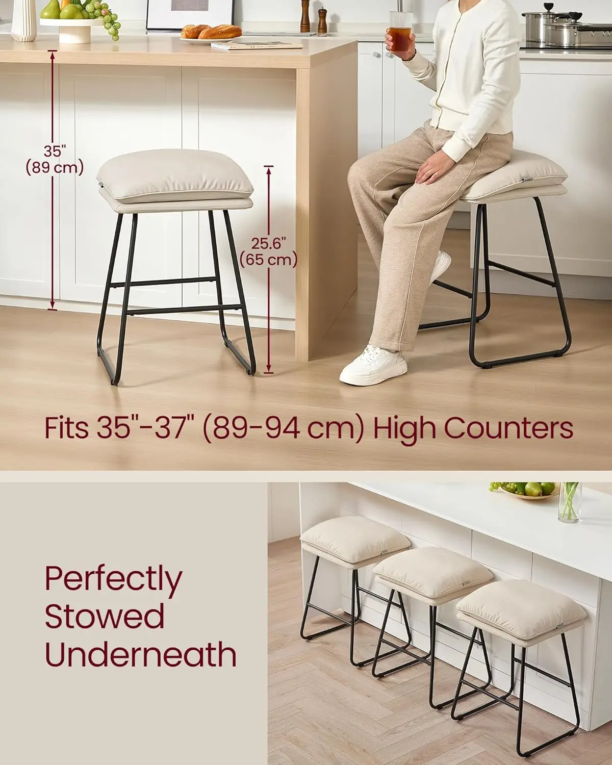 Stools Set of 4, Counter Height Stools, Leather Counter Stools Barstools with Soft Cushion 25.6 Inches Bar Height Bar