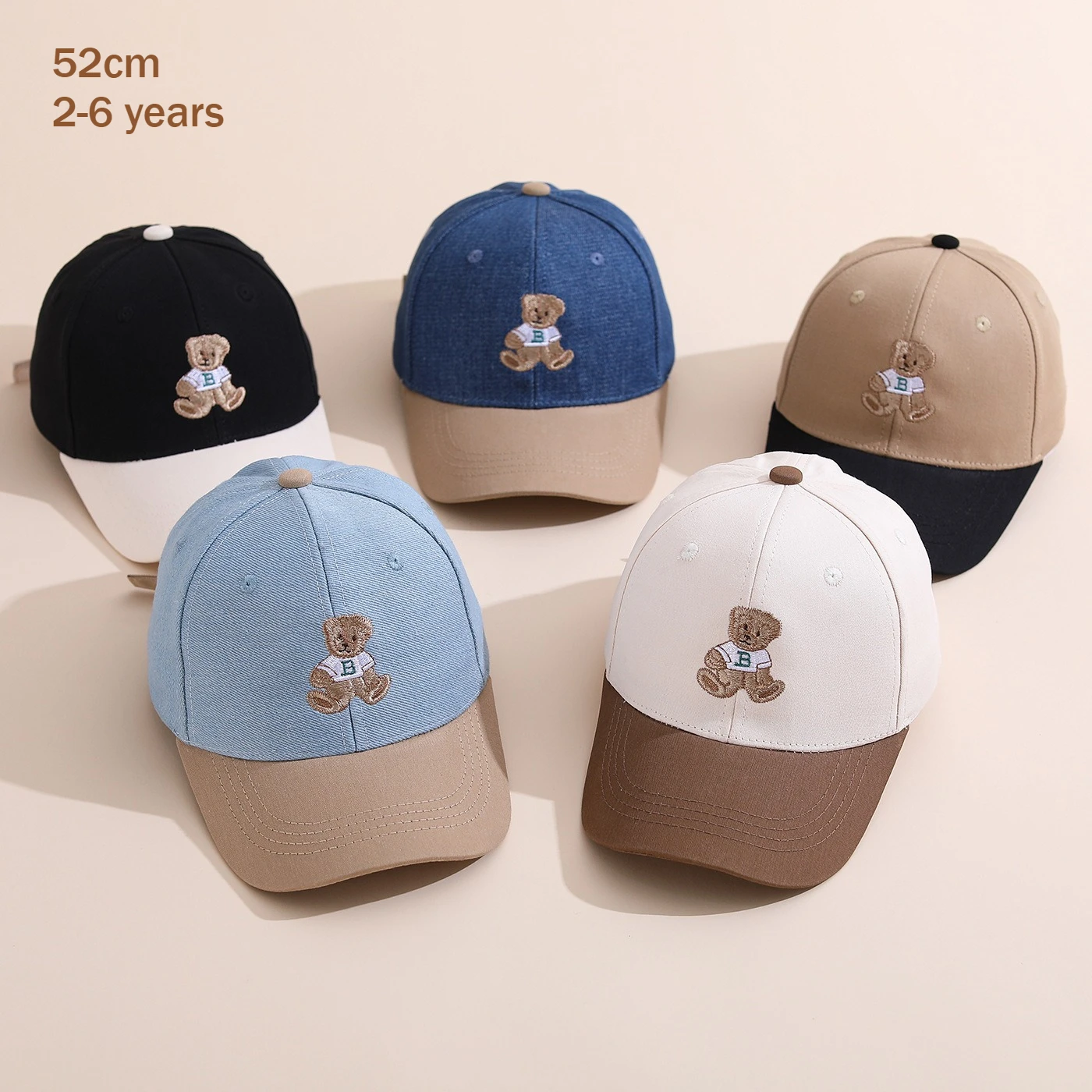Gorra de béisbol para niños de 52cm, 2-6 años, gorro con parche de oso de dibujos animados, gorro con visera para niños, gorro para el sol, primavera y verano, para exteriores, para niños pequeños y niñas