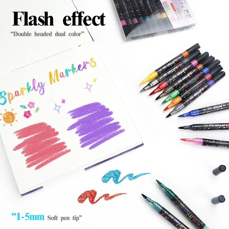 Double Headed Flash Pen Set Soft Tip Ink Writing Painting