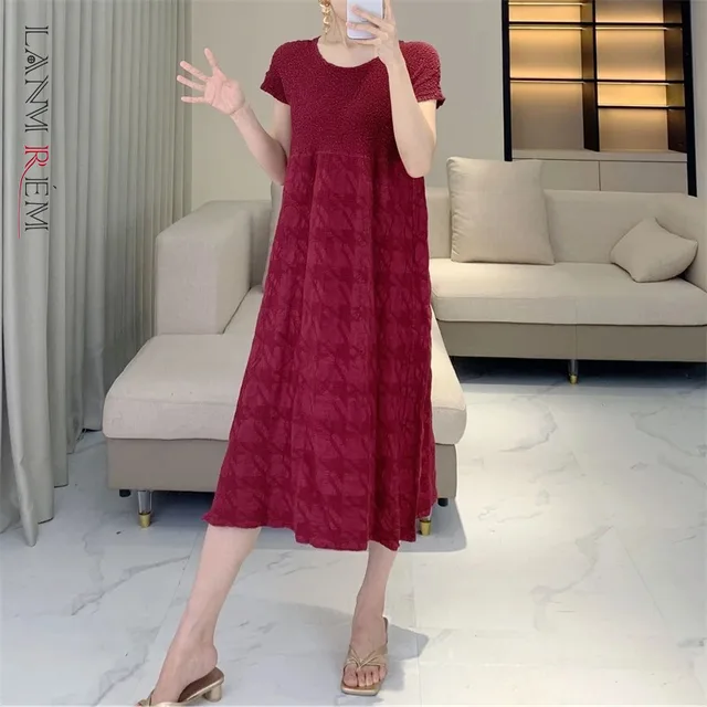 LANMREM Pleated Solid Color Women's Summer Dress Loose Simple Temperament A-line Dresses Fashion Round Neck Clothing 2DB4516