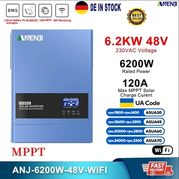 Inverter Solare Ibrido 6.2KW 48V 230V Onda Pura Fotovoltaico On Grid Off Grid con Regolatore di Carica Solare MPPT 500V 120A