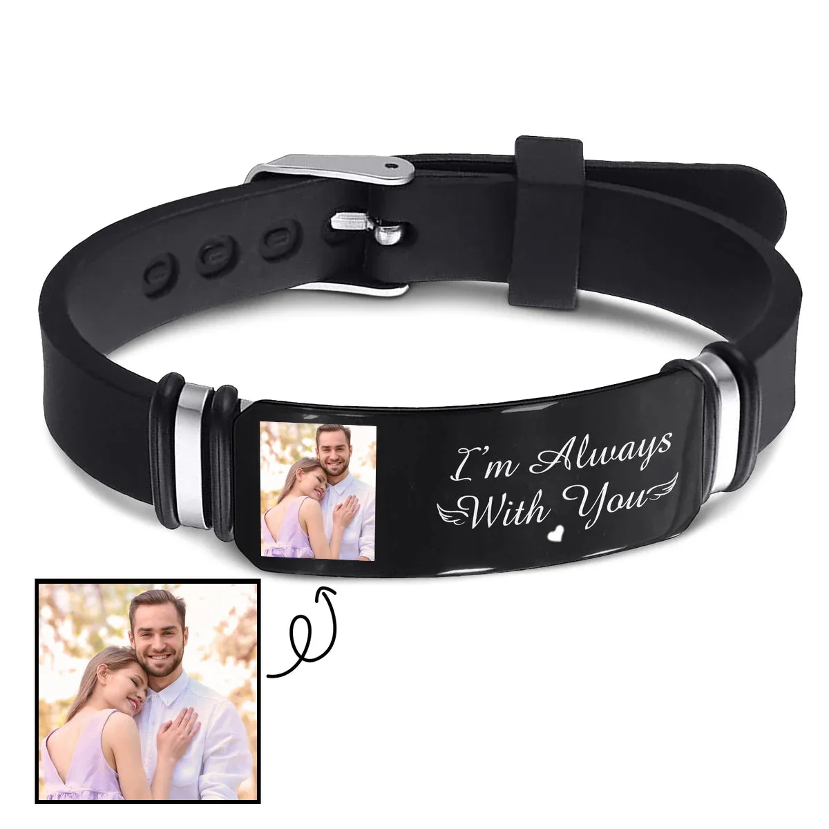 Personalized Custom Photo Name Stainless Steel Men's Bracelet Fashion Black Silicone Watch Band Bracelets Father's Day Christmas