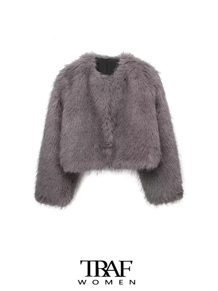 

TRAF-Women's Cropped Faux Fur Open Jacket, Long Sleeve Coat, Side Pockets, Female Outerwear, Chic Tops, Fashion