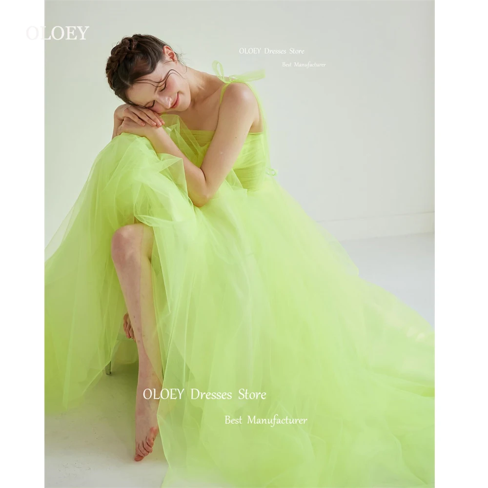 

OLOEY Bright Green Tulle Long Prom Dress Wedding Photoshoot Party Straps Corset Back Korea Evening Gowns Formal Party Dress