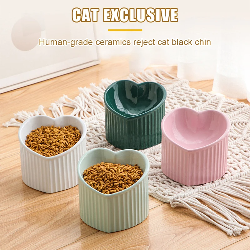 Ceramic Tilted Elevated Cat Bowl Heart Shape Anti Slip Cute for Cats