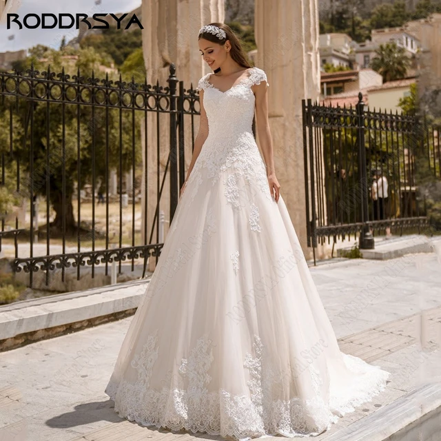 RODRSYA Romantico Abito da sposa Cap Maniche V-Neck Pizzo Up Abiti