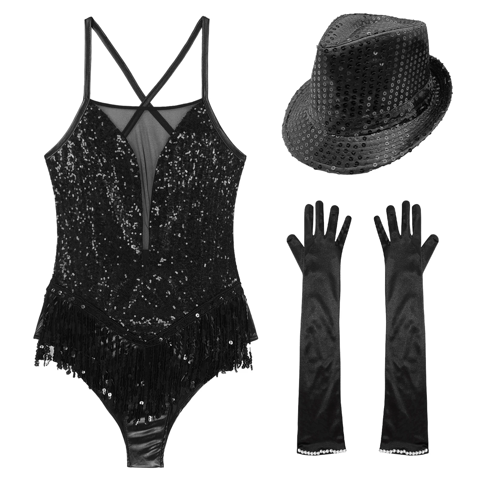 Damen Latein Jazz Tanzoutfits Performance-Kostüm Ärmelloses Rückenfreies Glitzerndes Pailletten-Fransen-Trikot-Kleid mit Handschuhen und Hut – Detail 16