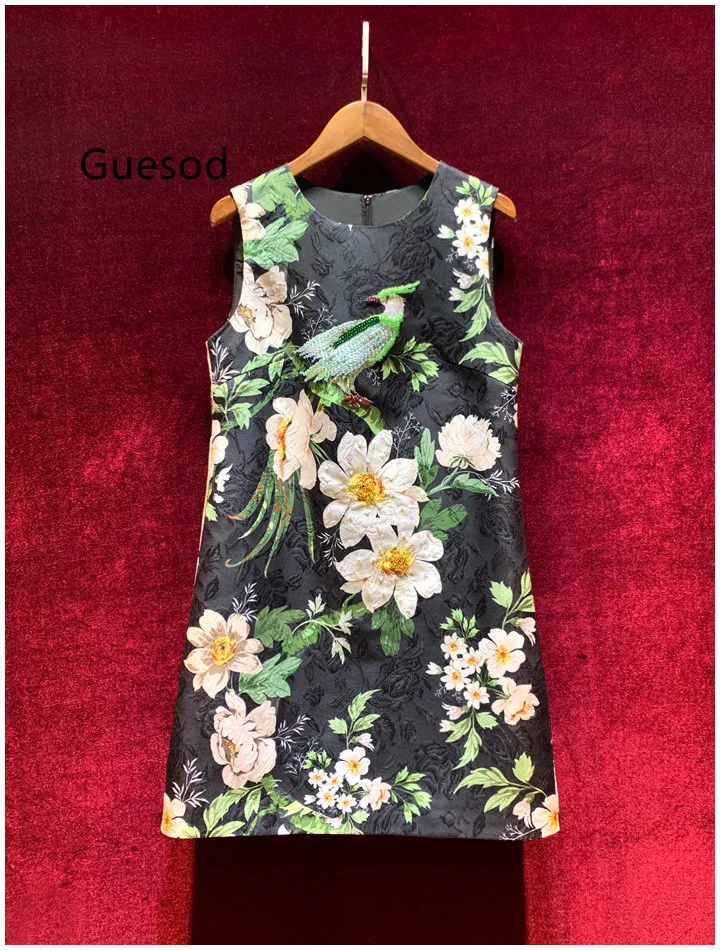 

Guesod Women Hepburn Vintage Dress 2022 Summer Floral Print French Handmade Beading Slim Sleeveless Dress New Arrive